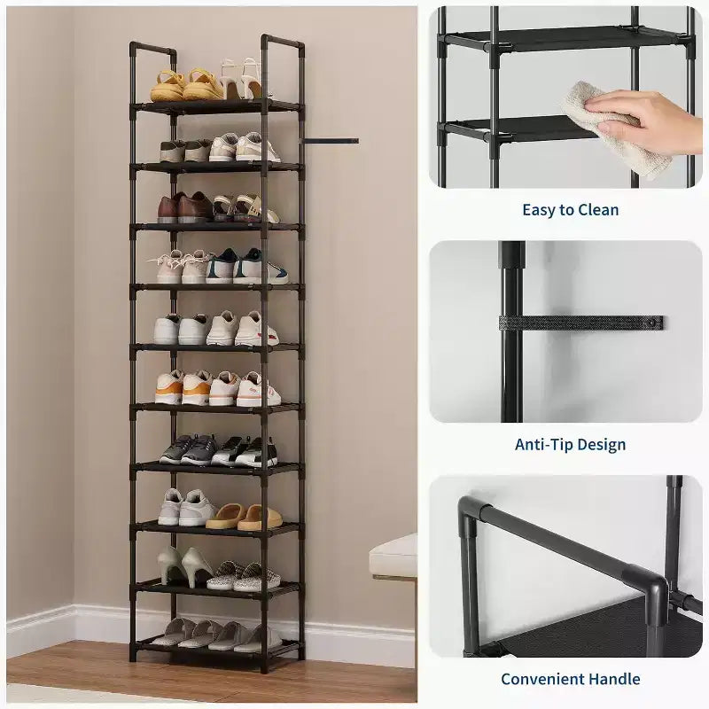 10-Tier Sturdy Metal Shoe Rack with Removable Fabric Shelves, Tall Space-Saving Corner Organizer for Closet, Entrance, Living Room