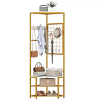Costway Corner Hall Tree, Freestanding Coat Rack with Storage Shelves & Removable Hooks Rustic Brown + Black/Gold + White