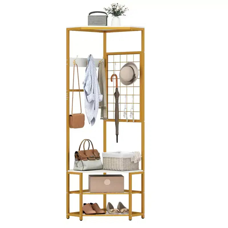 Costway Corner Hall Tree, Freestanding Coat Rack with Storage Shelves & Removable Hooks Rustic Brown + Black/Gold + White