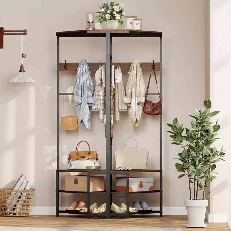 Costway Corner Hall Tree, Freestanding Coat Rack with Storage Shelves & Removable Hooks Rustic Brown + Black/Gold + White