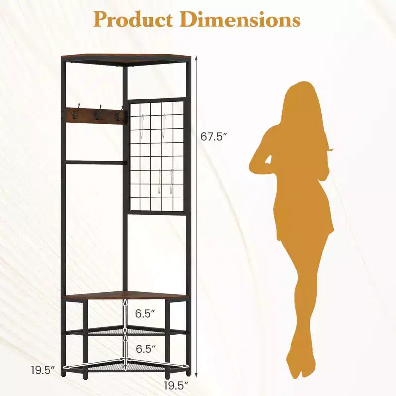 Costway Corner Hall Tree, Freestanding Coat Rack with Storage Shelves & Removable Hooks Rustic Brown + Black/Gold + White