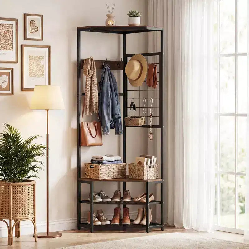 Costway Corner Hall Tree, Freestanding Coat Rack with Storage Shelves & Removable Hooks Rustic Brown + Black/Gold + White