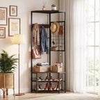 Costway Corner Hall Tree, Freestanding Coat Rack with Storage Shelves & Removable Hooks Rustic Brown + Black/Gold + White