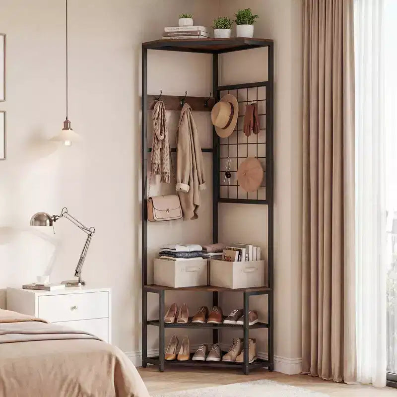 Costway Corner Hall Tree, Freestanding Coat Rack with Storage Shelves & Removable Hooks Rustic Brown + Black/Gold + White