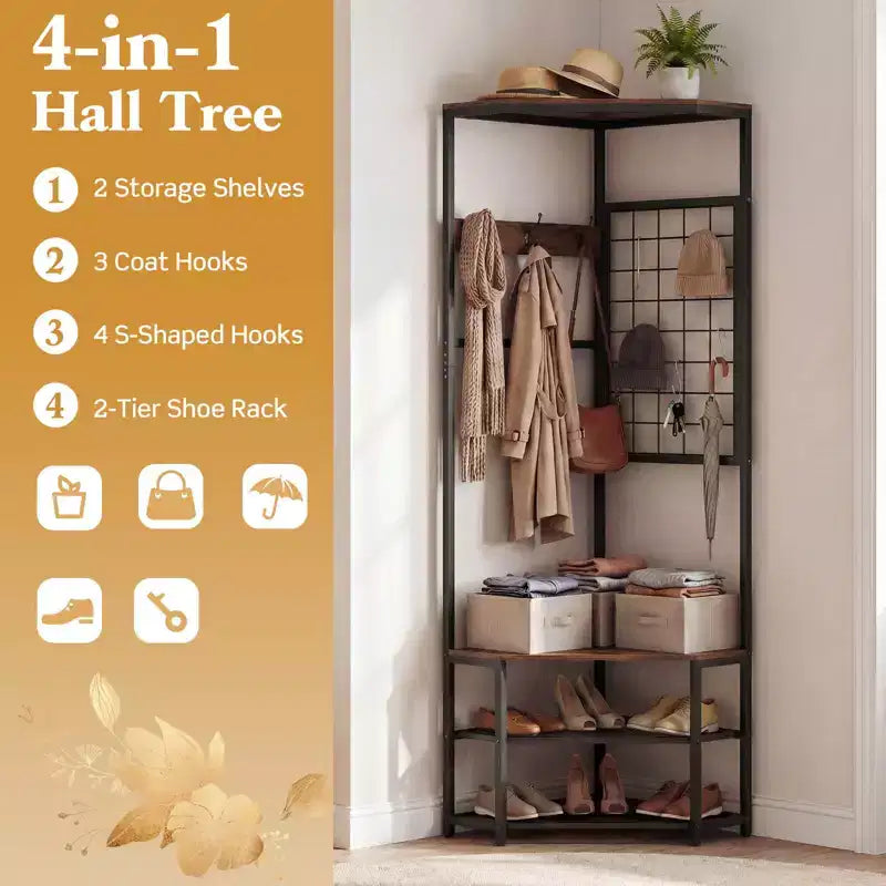 Costway Corner Hall Tree, Freestanding Coat Rack with Storage Shelves & Removable Hooks Rustic Brown + Black/Gold + White