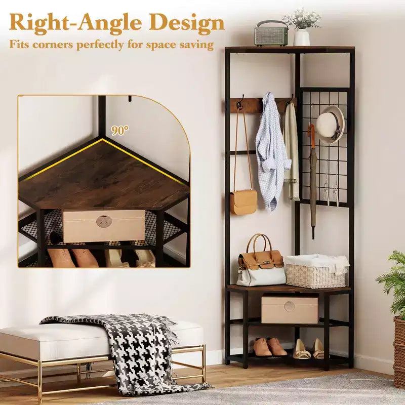 Costway Corner Hall Tree, Freestanding Coat Rack with Storage Shelves & Removable Hooks Rustic Brown + Black/Gold + White