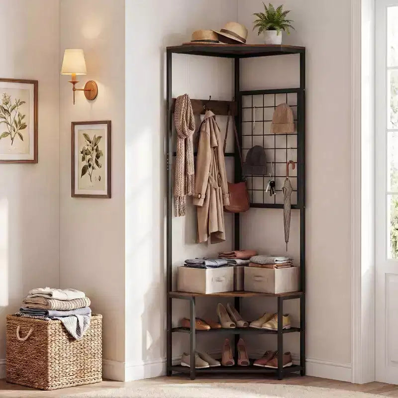 Costway Corner Hall Tree, Freestanding Coat Rack with Storage Shelves & Removable Hooks Rustic Brown + Black/Gold + White