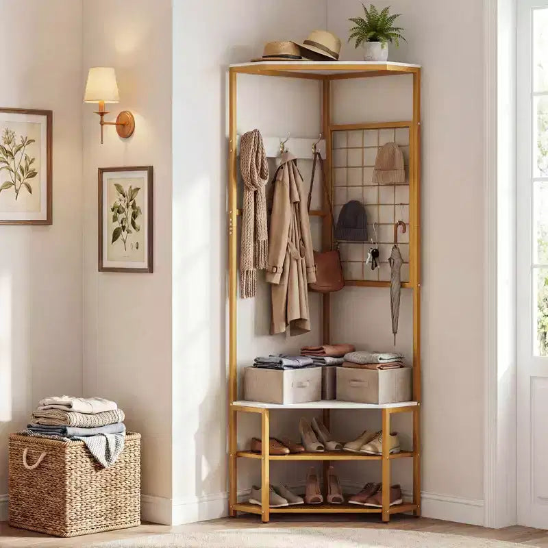 Costway Corner Hall Tree, Freestanding Coat Rack with Storage Shelves & Removable Hooks Rustic Brown + Black/Gold + White