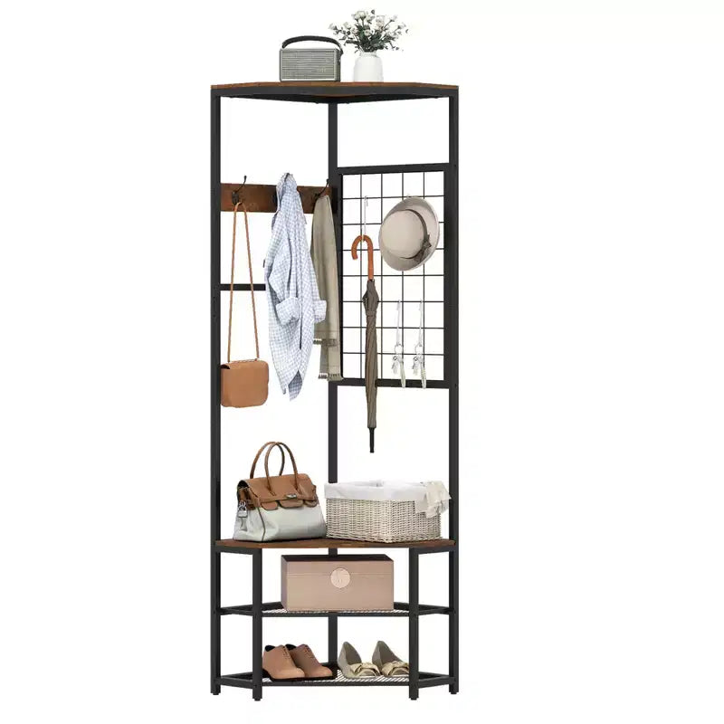 Costway Corner Hall Tree, Freestanding Coat Rack with Storage Shelves & Removable Hooks Rustic Brown + Black/Gold + White