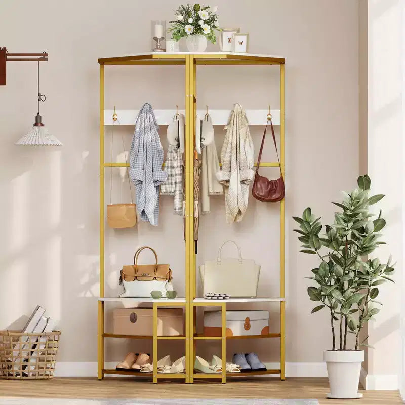 Costway Corner Hall Tree, Freestanding Coat Rack with Storage Shelves & Removable Hooks Rustic Brown + Black/Gold + White