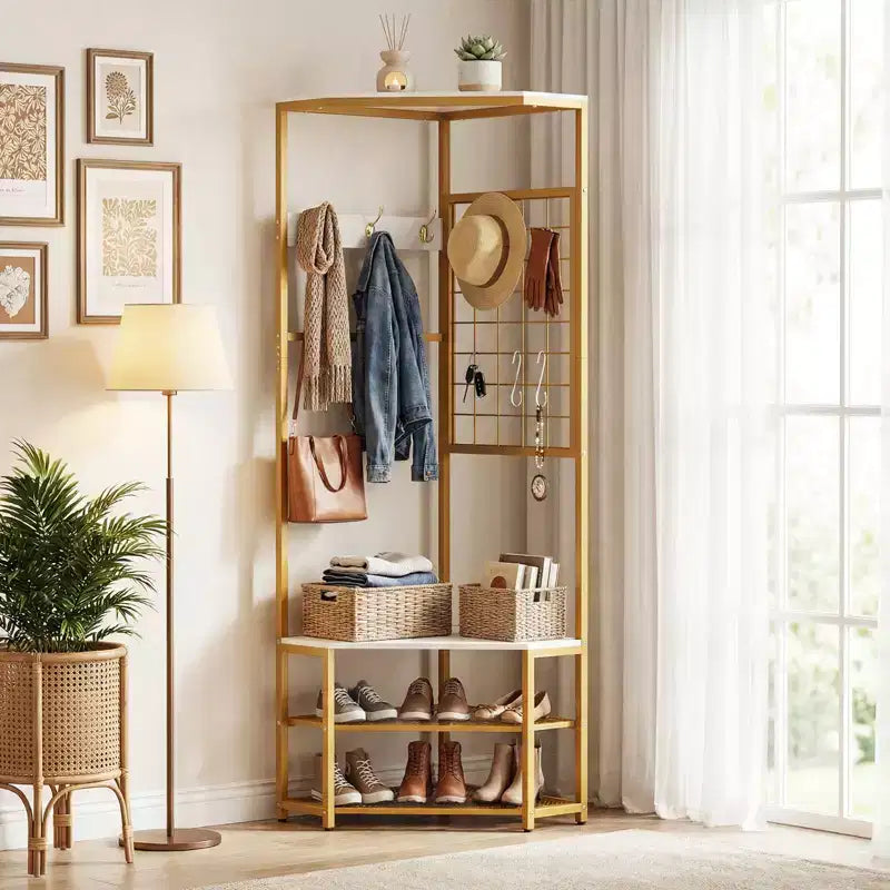 Costway Corner Hall Tree, Freestanding Coat Rack with Storage Shelves & Removable Hooks Rustic Brown + Black/Gold + White