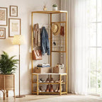Costway Corner Hall Tree, Freestanding Coat Rack with Storage Shelves & Removable Hooks Rustic Brown + Black/Gold + White