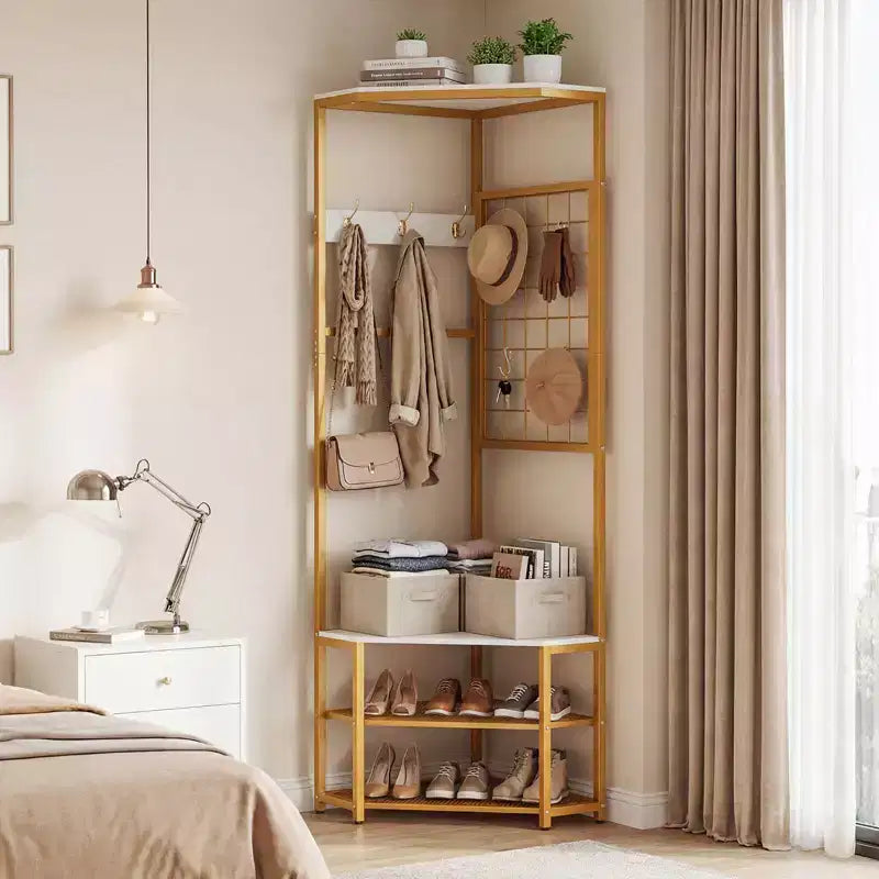 Costway Corner Hall Tree, Freestanding Coat Rack with Storage Shelves & Removable Hooks Rustic Brown + Black/Gold + White