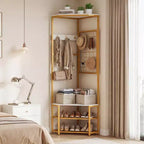 Costway Corner Hall Tree, Freestanding Coat Rack with Storage Shelves & Removable Hooks Rustic Brown + Black/Gold + White