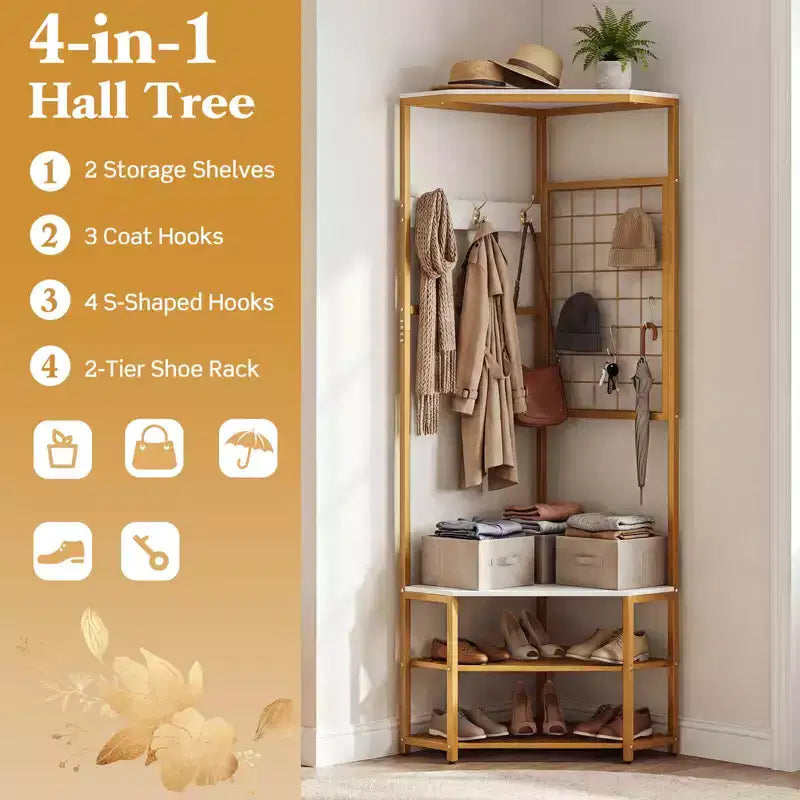 Costway Corner Hall Tree, Freestanding Coat Rack with Storage Shelves & Removable Hooks Rustic Brown + Black/Gold + White