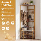 Costway Corner Hall Tree, Freestanding Coat Rack with Storage Shelves & Removable Hooks Rustic Brown + Black/Gold + White