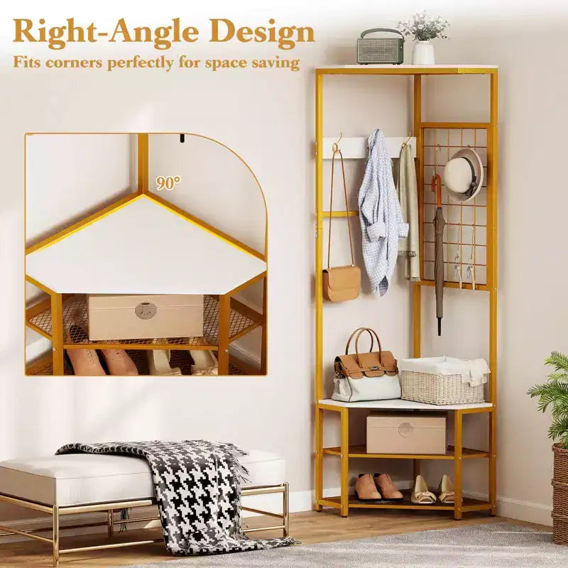 Costway Corner Hall Tree, Freestanding Coat Rack with Storage Shelves & Removable Hooks Rustic Brown + Black/Gold + White