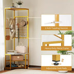 Costway Corner Hall Tree, Freestanding Coat Rack with Storage Shelves & Removable Hooks Rustic Brown + Black/Gold + White