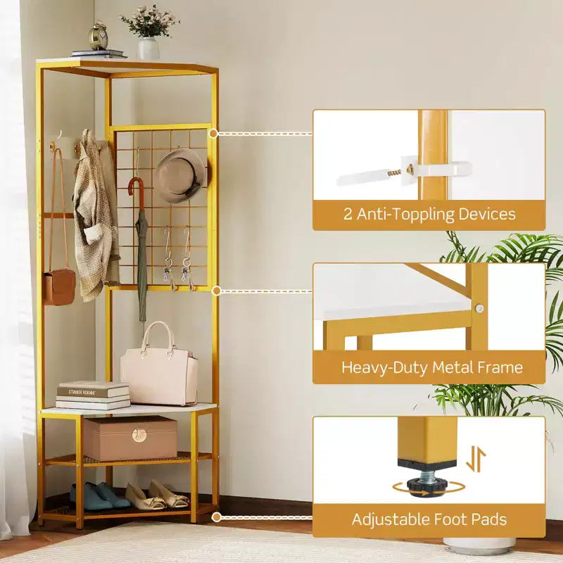 Costway Corner Hall Tree, Freestanding Coat Rack with Storage Shelves & Removable Hooks Rustic Brown + Black/Gold + White