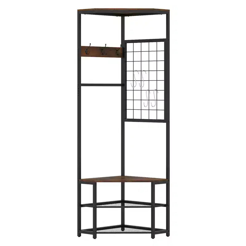 Costway Corner Hall Tree, Freestanding Coat Rack with Storage Shelves & Removable Hooks Rustic Brown + Black/Gold + White