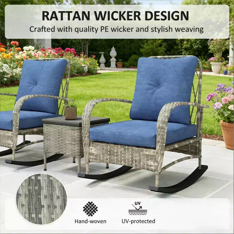 GDFStudio Belmont 3-Piece Patio Bistro Set with Rocking Chairs and Wicker Table