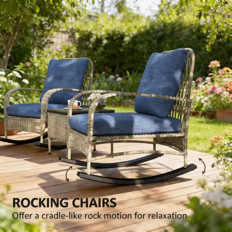 GDFStudio Belmont 3-Piece Patio Bistro Set with Rocking Chairs and Wicker Table