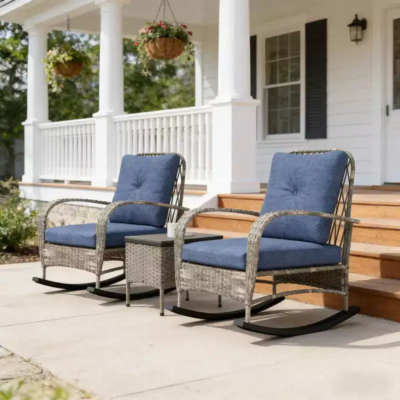 GDFStudio Belmont 3-Piece Patio Bistro Set with Rocking Chairs and Wicker Table