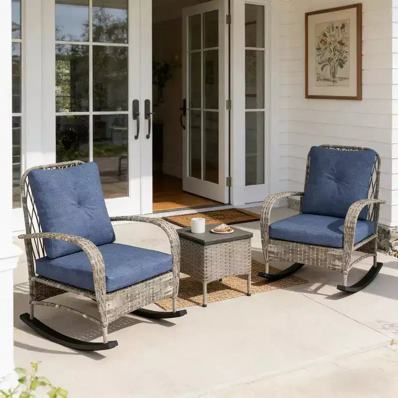 GDFStudio Belmont 3-Piece Patio Bistro Set with Rocking Chairs and Wicker Table
