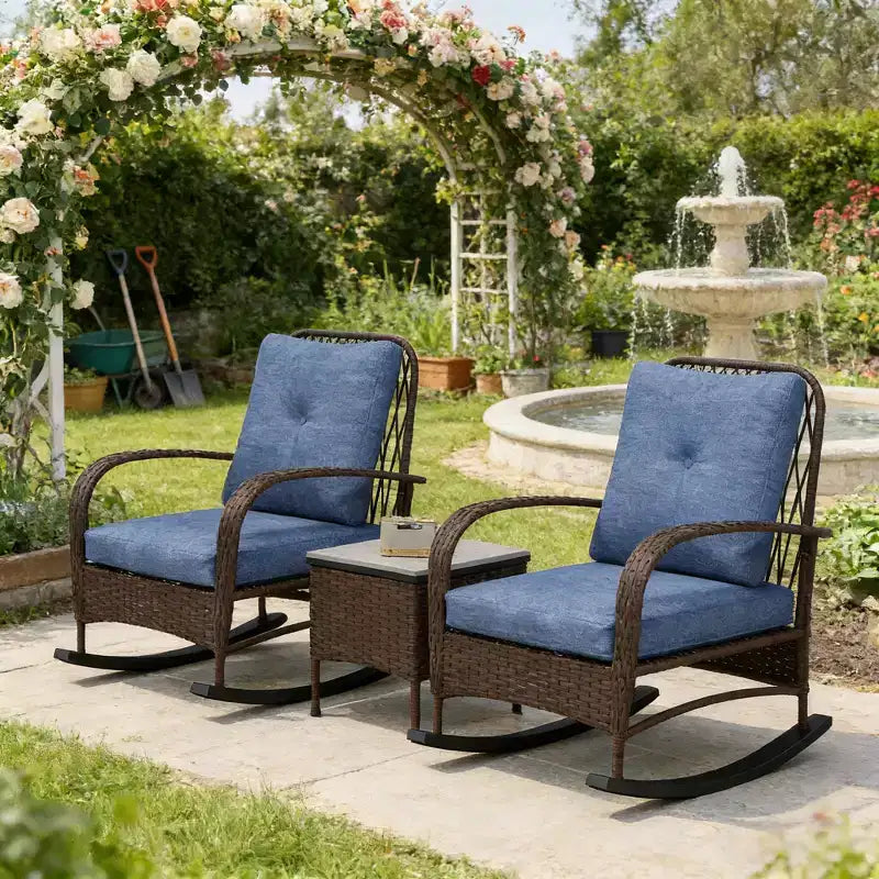 GDFStudio Belmont 3-Piece Patio Bistro Set with Rocking Chairs and Wicker Table