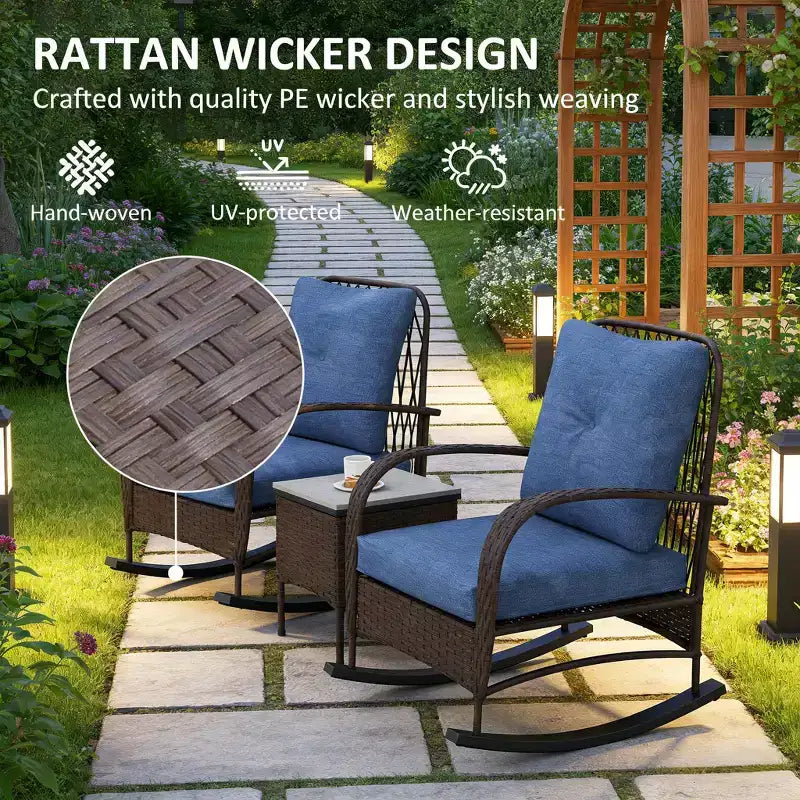 GDFStudio Belmont 3-Piece Patio Bistro Set with Rocking Chairs and Wicker Table