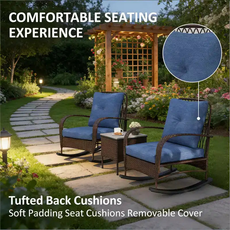 GDFStudio Belmont 3-Piece Patio Bistro Set with Rocking Chairs and Wicker Table