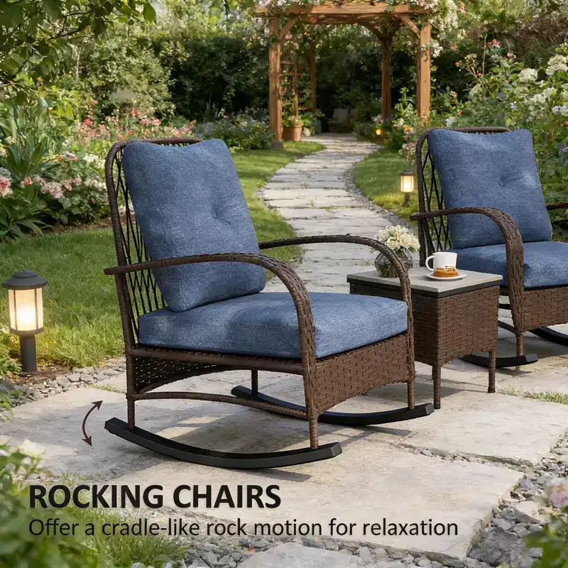 GDFStudio Belmont 3-Piece Patio Bistro Set with Rocking Chairs and Wicker Table