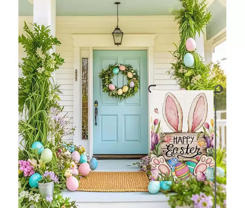 Lomsoe Easter Garden Flag Bunny Happy Easter Sign Cute Egg & Flowers Yard Flag Farmhouse Holiday Outdoor Decor Easter Gift Easter Decor 12x18Inch