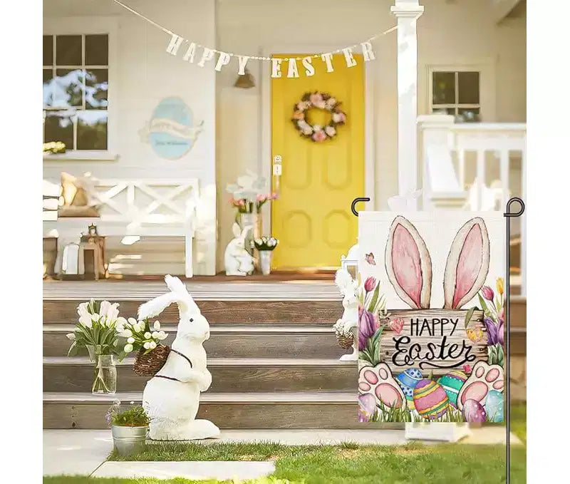 Lomsoe Easter Garden Flag Bunny Happy Easter Sign Cute Egg & Flowers Yard Flag Farmhouse Holiday Outdoor Decor Easter Gift Easter Decor 12x18Inch
