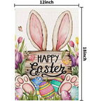 Lomsoe Easter Garden Flag Bunny Happy Easter Sign Cute Egg & Flowers Yard Flag Farmhouse Holiday Outdoor Decor Easter Gift Easter Decor 12x18Inch
