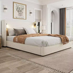 Christopher Knight Home Kanya Modern Wooden Linen Upholstered Bed Frame with High Wingback Headboard, Lamp and USB Port