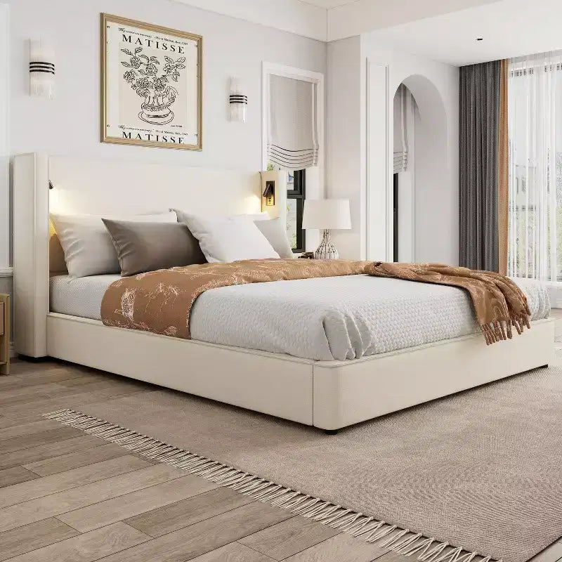 Christopher Knight Home Kanya Modern Wooden Linen Upholstered Bed Frame with High Wingback Headboard, Lamp and USB Port