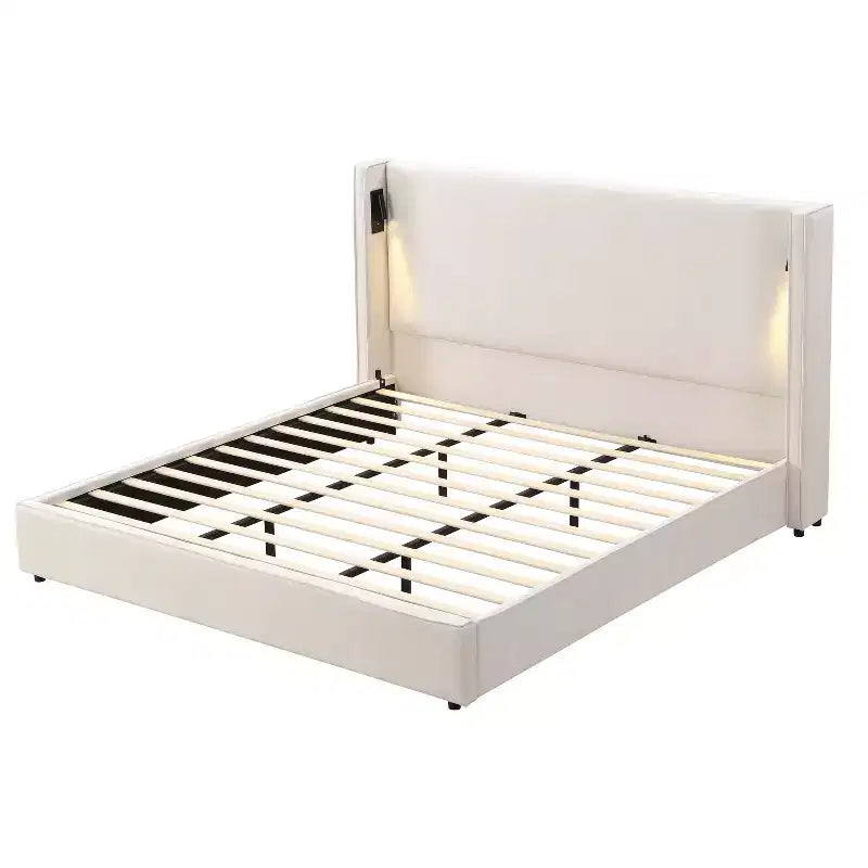Christopher Knight Home Kanya Modern Wooden Linen Upholstered Bed Frame with High Wingback Headboard, Lamp and USB Port