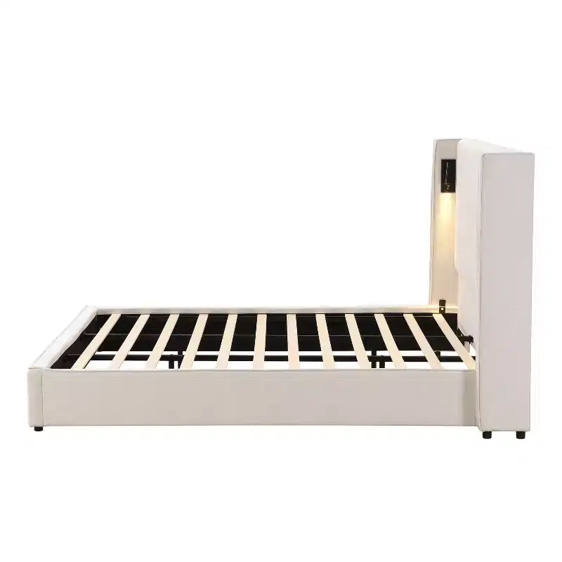Christopher Knight Home Kanya Modern Wooden Linen Upholstered Bed Frame with High Wingback Headboard, Lamp and USB Port