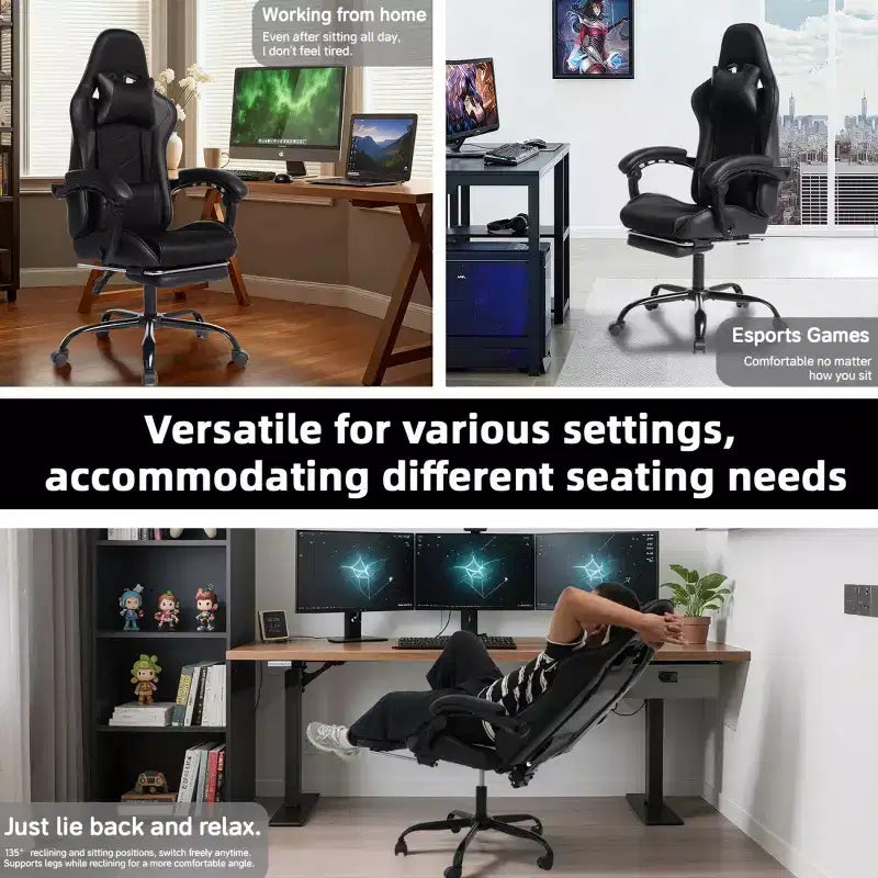 PU Gaming Chair with Reclining Backrest and Retractable Footrest, High Back Swivel Computer Desk Chair for Gamers & Home Office-Panipeachy