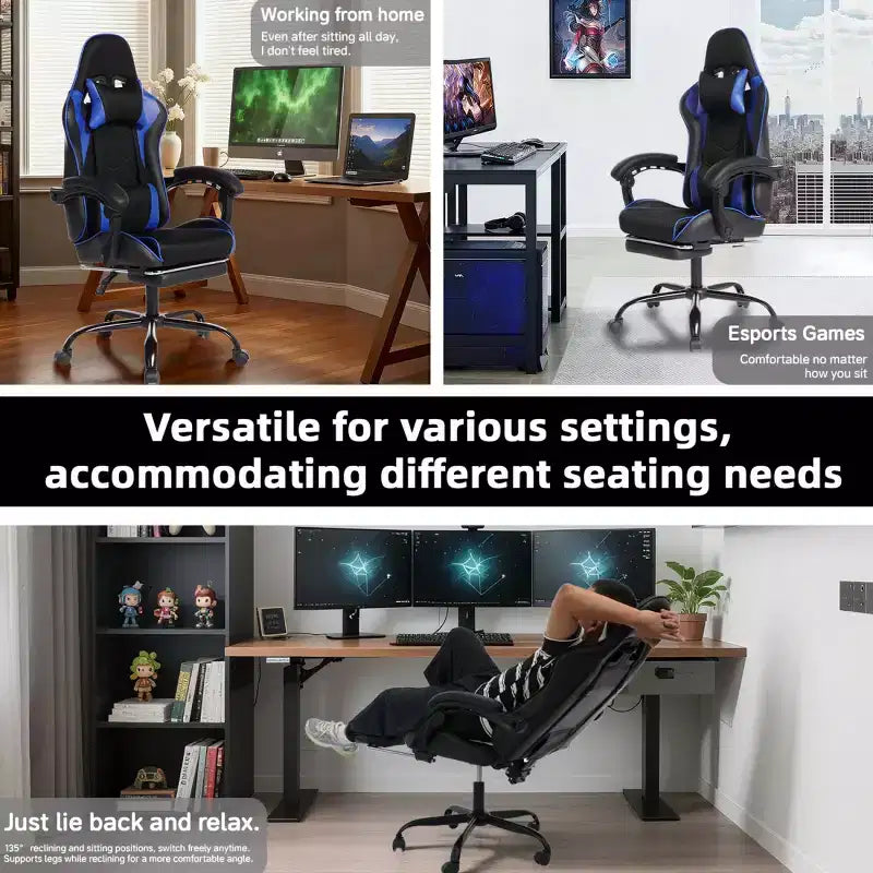 PU Gaming Chair with Reclining Backrest and Retractable Footrest, High Back Swivel Computer Desk Chair for Gamers & Home Office-Panipeachy