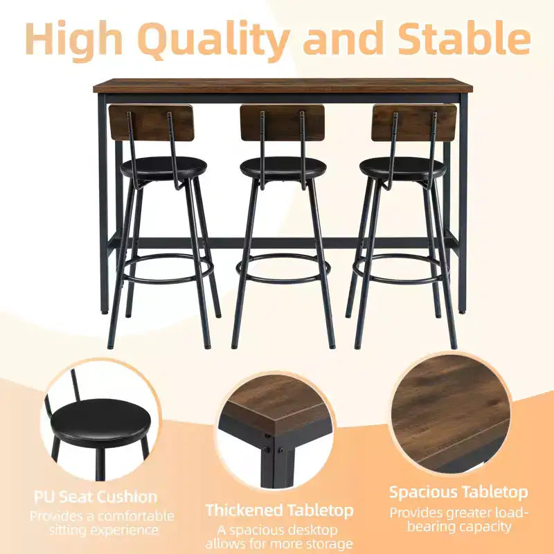 GDFStudio Ashford 4 Piece Industrial Faux Leather and Metal Bar Set