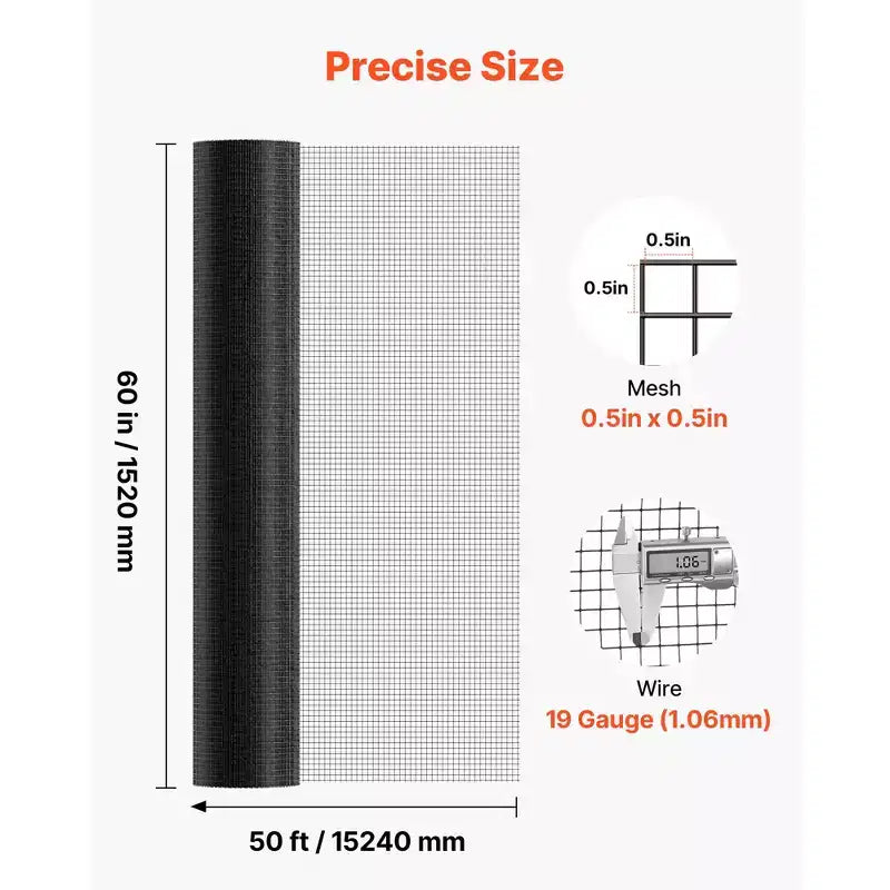 VEVOR Hardware Cloth 60 in x 50 ft, 1/2 in 19 Gauge Galvanized Wire Mesh Roll, Weather-Resistant Vinyl Coated Chicken Wire Fencing,Black