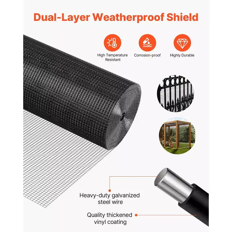 VEVOR Hardware Cloth 60 in x 50 ft, 1/2 in 19 Gauge Galvanized Wire Mesh Roll, Weather-Resistant Vinyl Coated Chicken Wire Fencing,Black