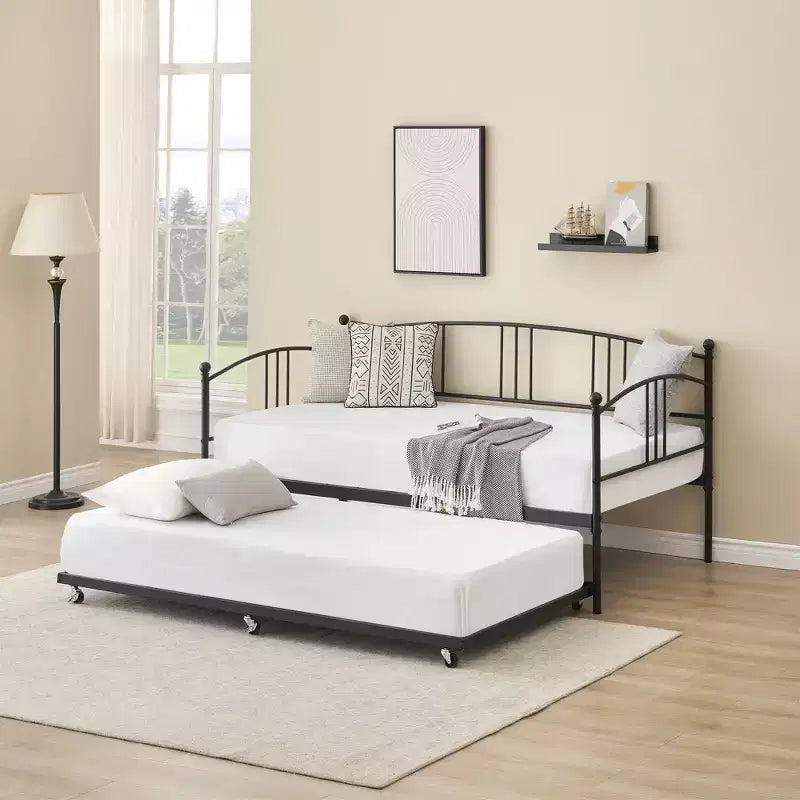 Daybed with Trundle, Sturdy Metal Day Bed with Steel Slat Support, Trundle Bed Twin with Arched Headboard, SofaBed for Living Room, Bedroom