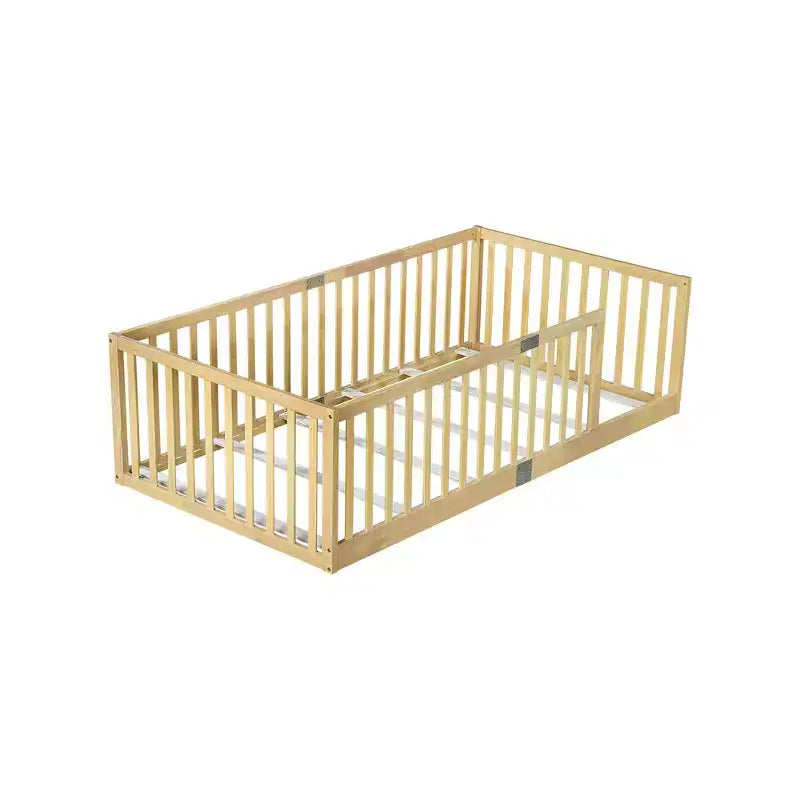 Whisen Twin Floor Bed & Bed Frame with High Fence Railings, 6 Slats Included, Safety Guardrails, without Door
