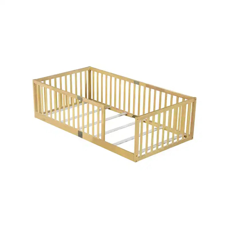 Whisen Twin Floor Bed & Bed Frame with High Fence Railings, 6 Slats Included, Safety Guardrails, without Door