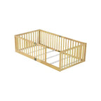 Whisen Twin Floor Bed & Bed Frame with High Fence Railings, 6 Slats Included, Safety Guardrails, without Door