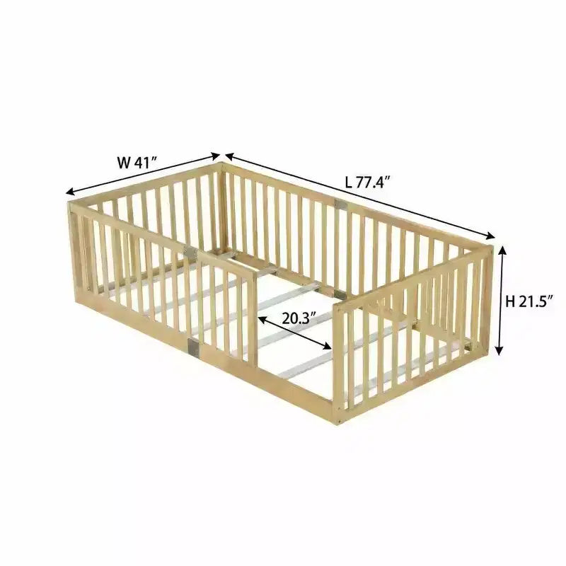 Whisen Twin Floor Bed & Bed Frame with High Fence Railings, 6 Slats Included, Safety Guardrails, without Door