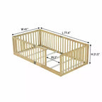 Whisen Twin Floor Bed & Bed Frame with High Fence Railings, 6 Slats Included, Safety Guardrails, without Door